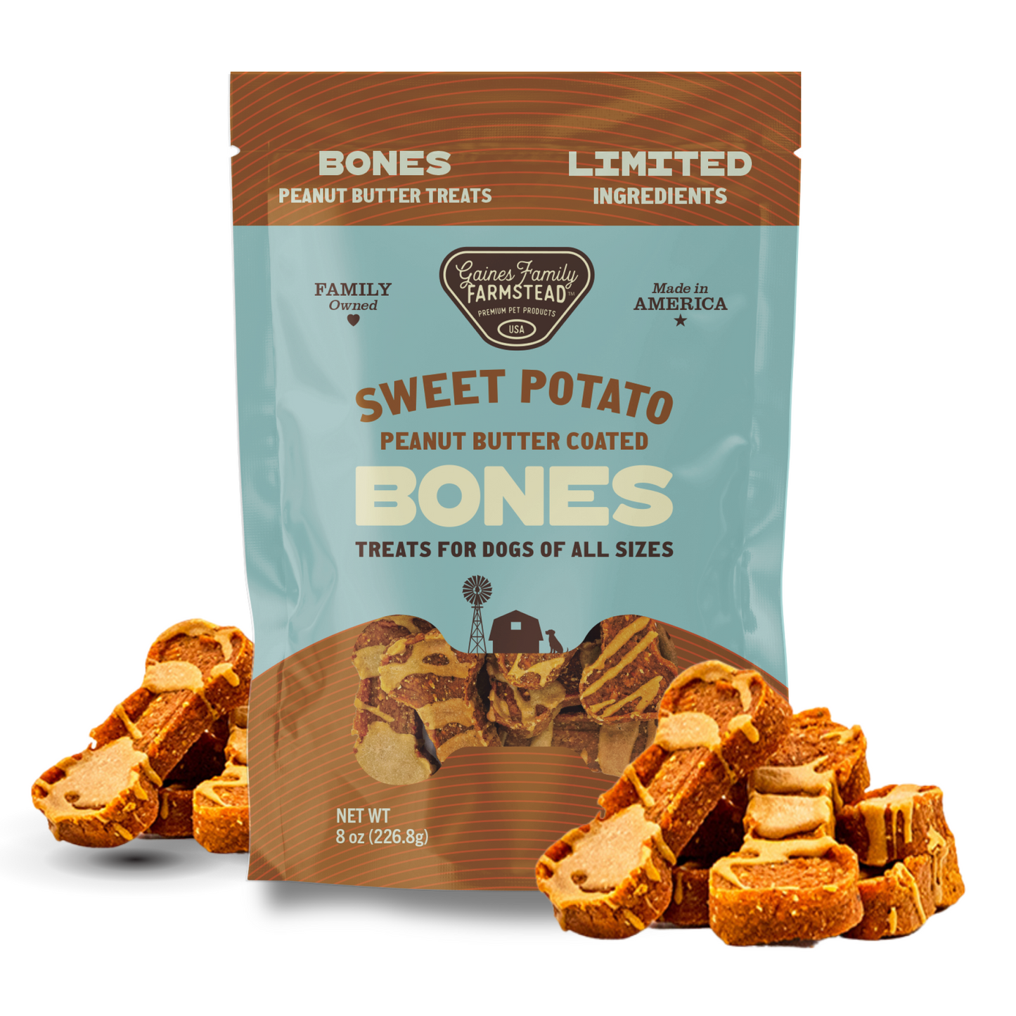 Package of Sweet Potato Peanut Butter Coated Bones dog treats with treats displayed in front.