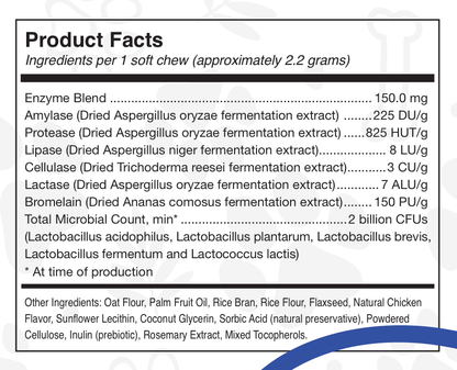 Product facts label with ingredients and specifications for a dietary supplement.