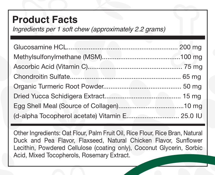 Product facts label with ingredients and their amounts for a supplement.