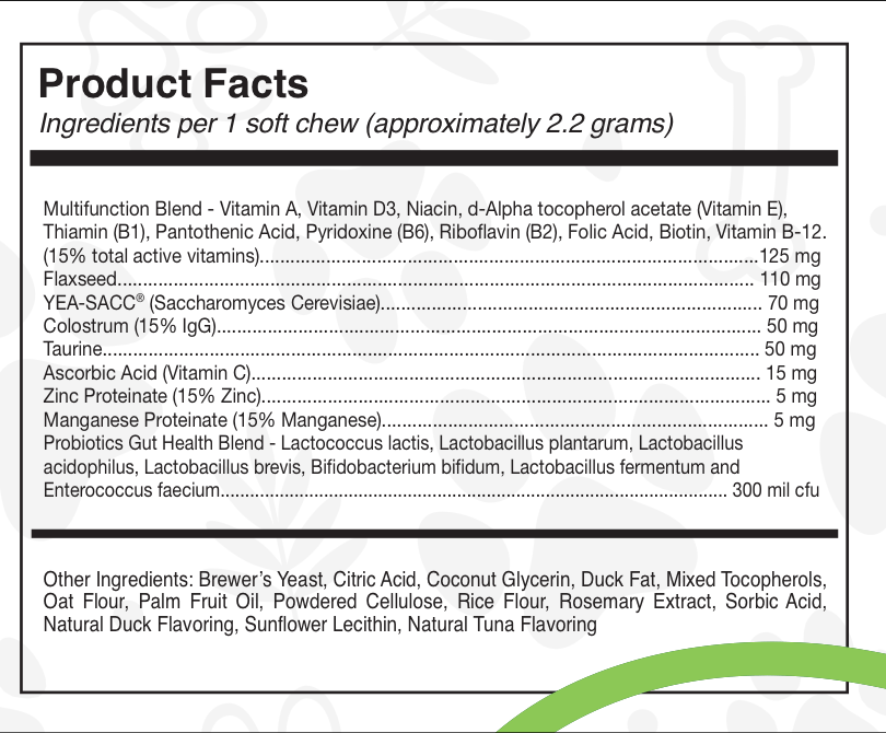 Product label with ingredients list for soft chews on a white background