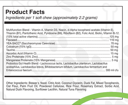 Product label with ingredients list for soft chews on a white background