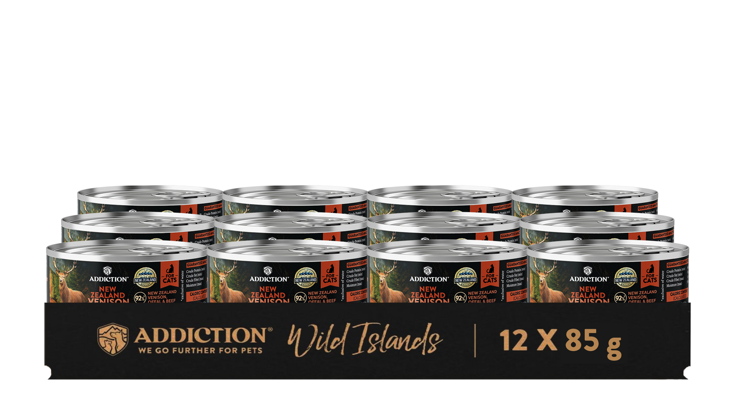 Packaging of Addiction Wild Islands pet food cans on a white background
