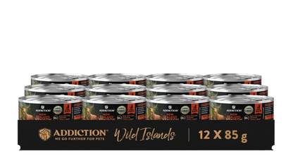 Packaging of Addiction Wild Islands pet food cans on a white background