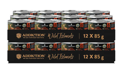 Multiple cans of Addiction Wild Islands pet food packaging on a white background