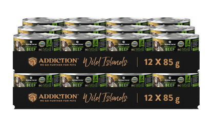 Multiple cans of Addiction Wild Islands beef dog food packaging.