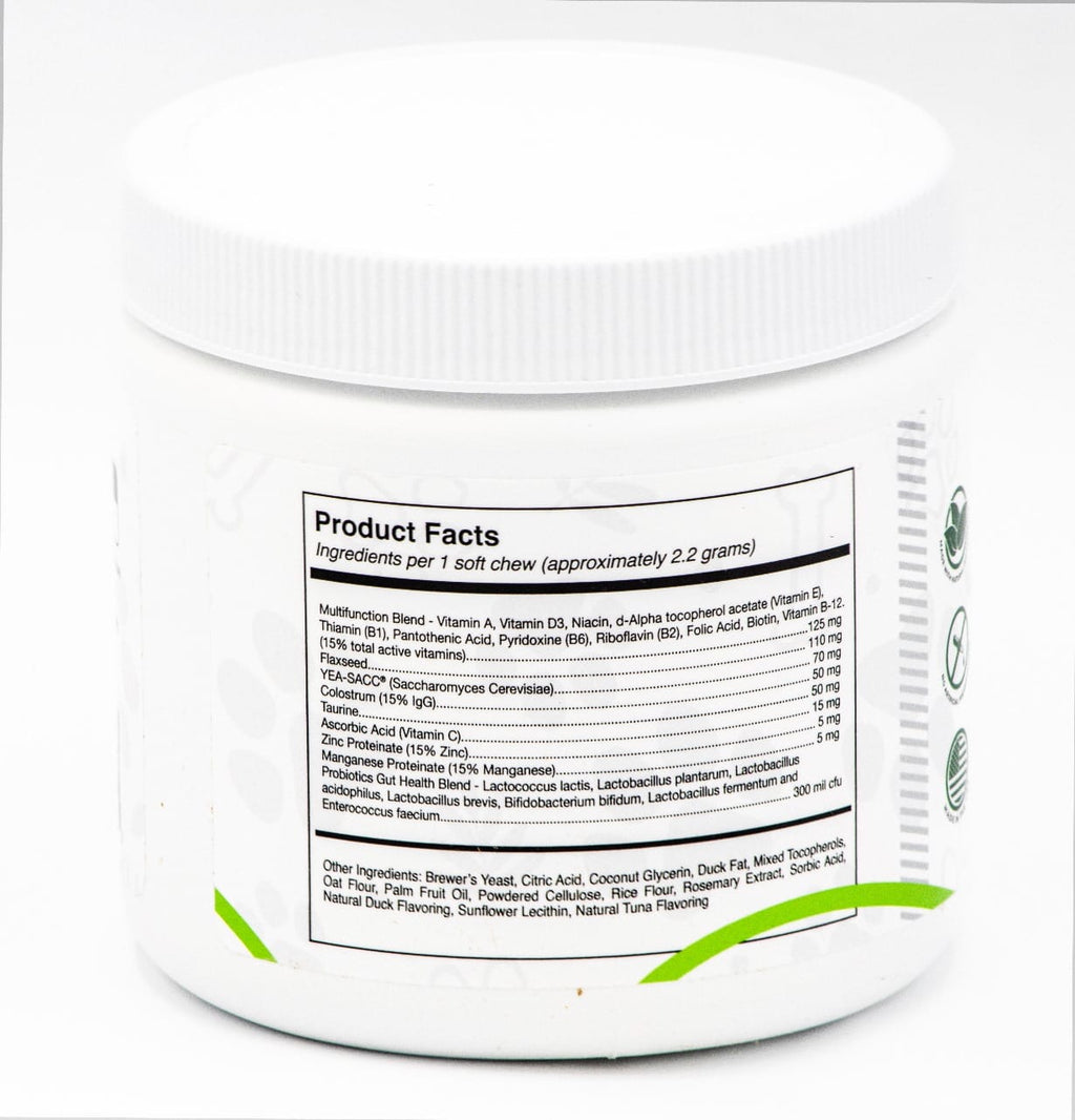 Container with a label showing product facts on a white background
