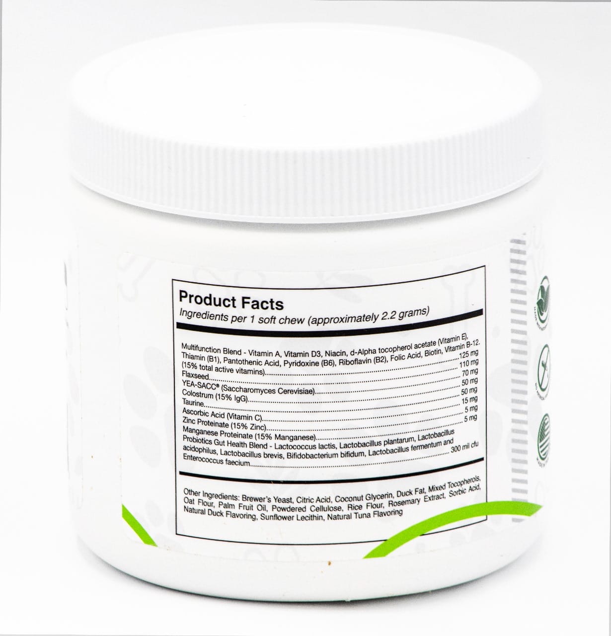 Container with a label showing product facts on a white background