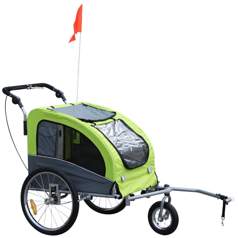 Green and gray bike trailer with a red flag on a white background
