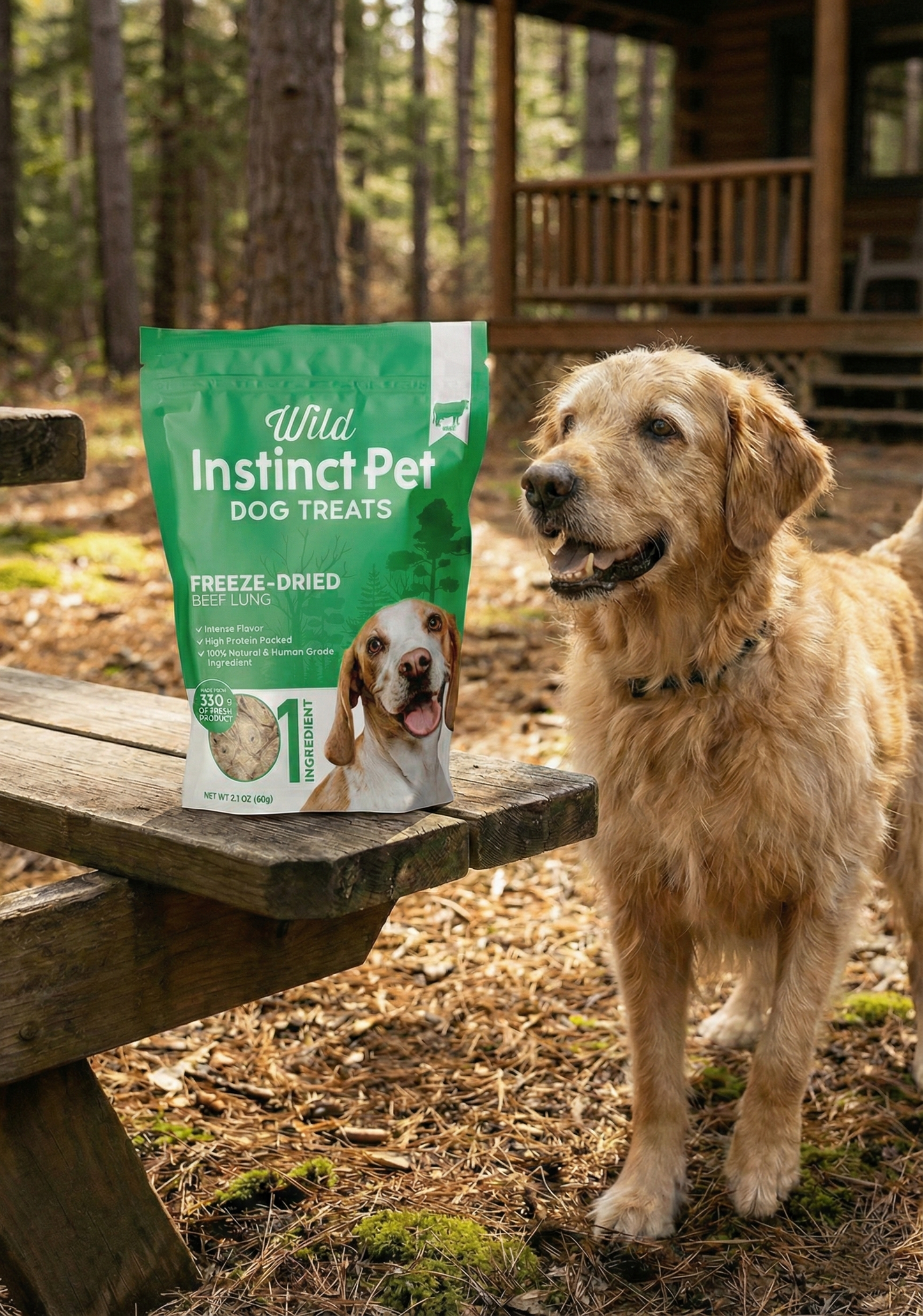 Dog standing next to a bag of Wild Instinct Pet Dog Treats in a forest setting.