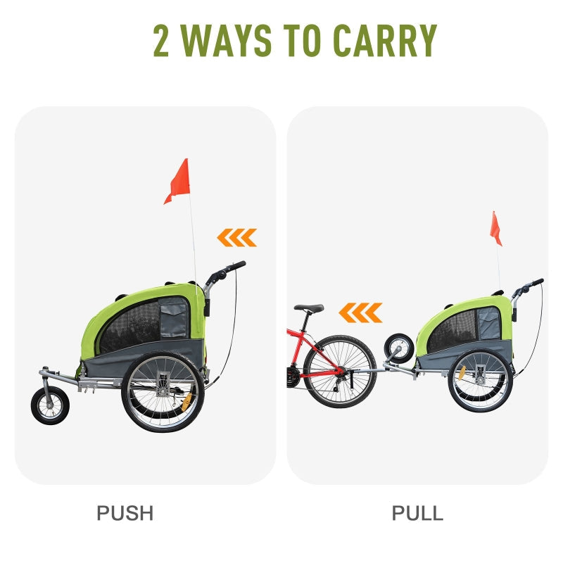 Two illustrations showing a bike trailer with text '2 Ways to Carry' on a white background.