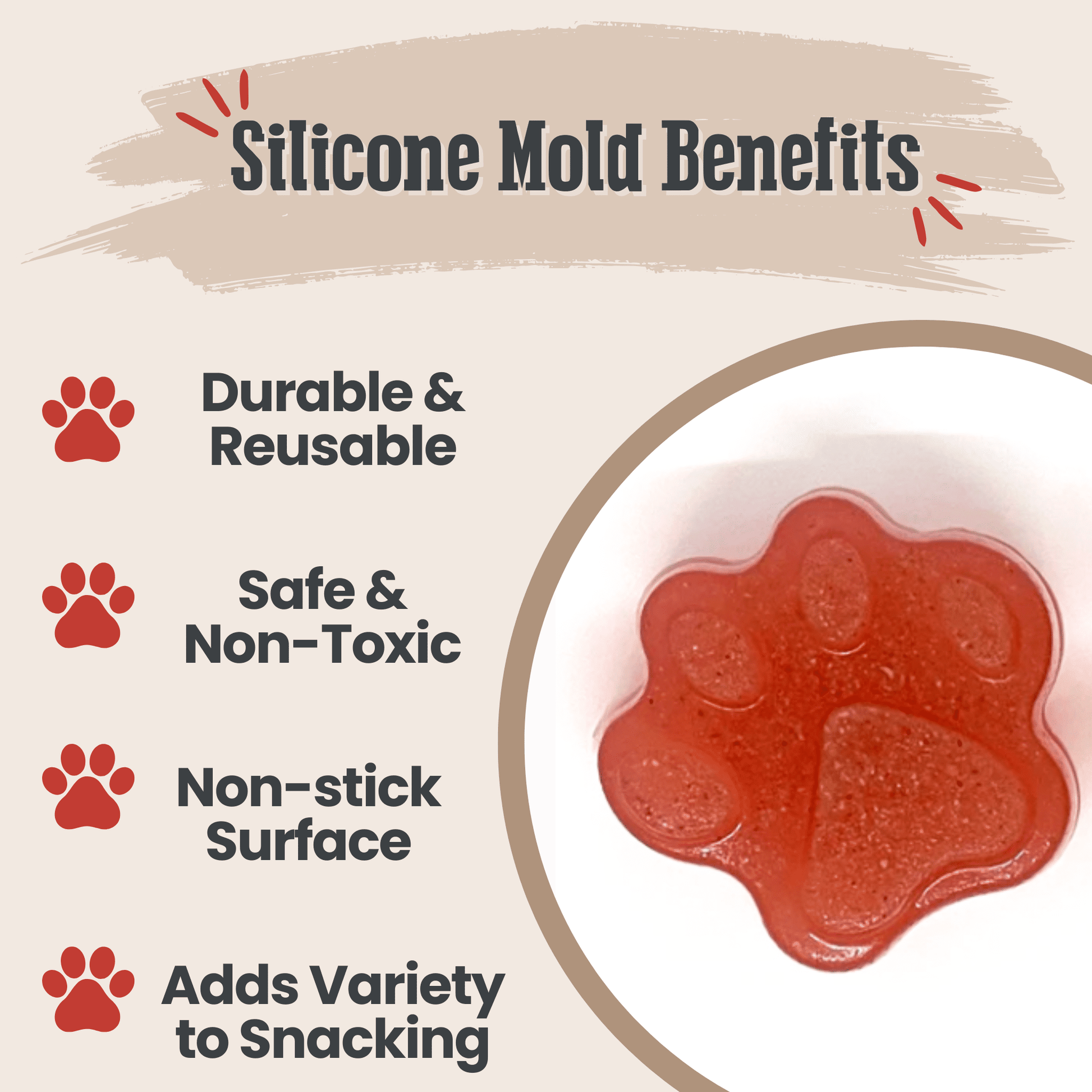 Silicone mold benefits listed with a red silicone mold on a beige background