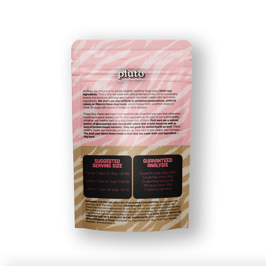 Pluto Pork Ear Chews bag back label