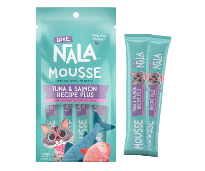 Nala Mousse tuna and salmon recipe cat treats packaging on a white background