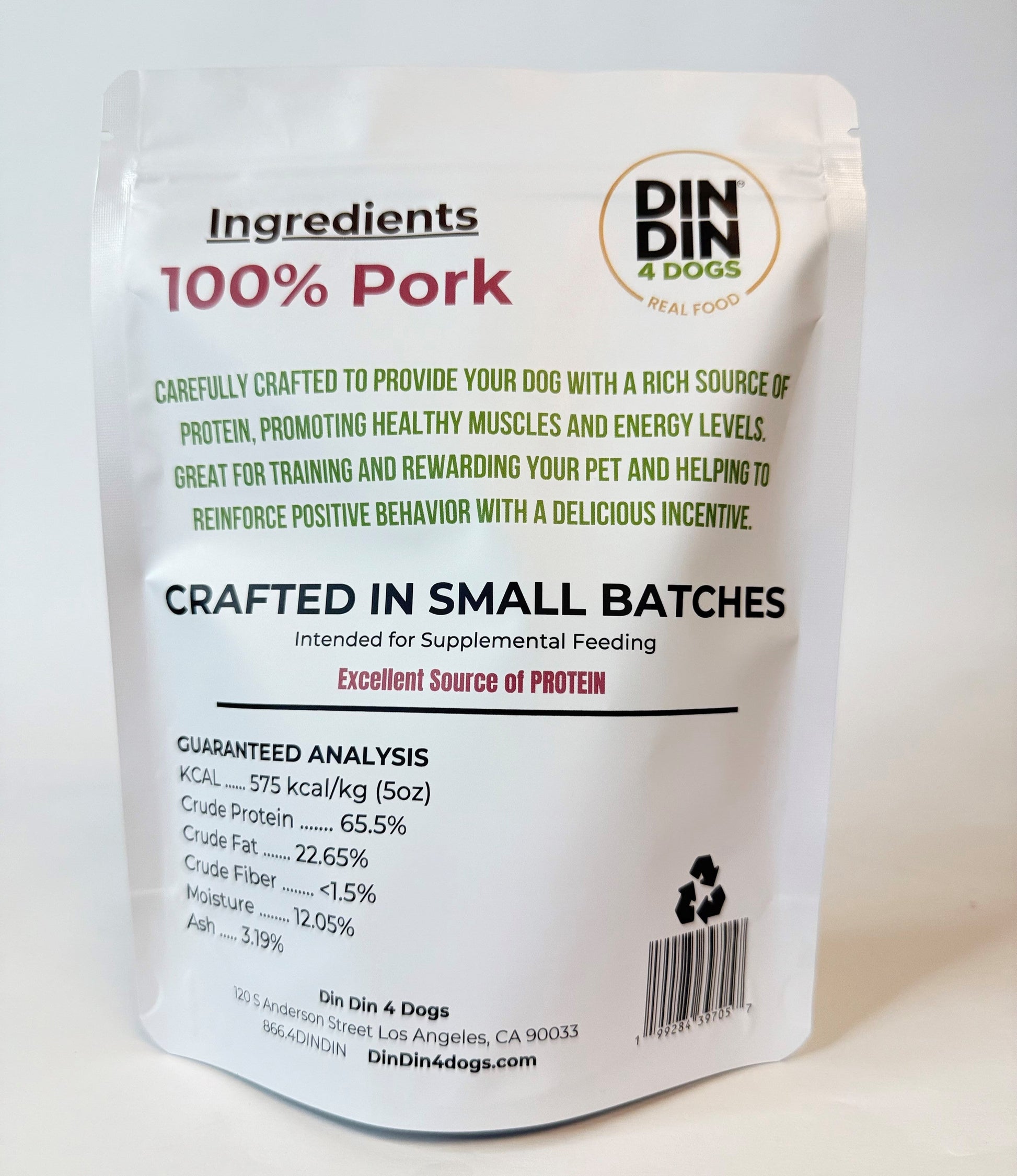 DIN DIN 4 DOGS dog food package with text on a white background