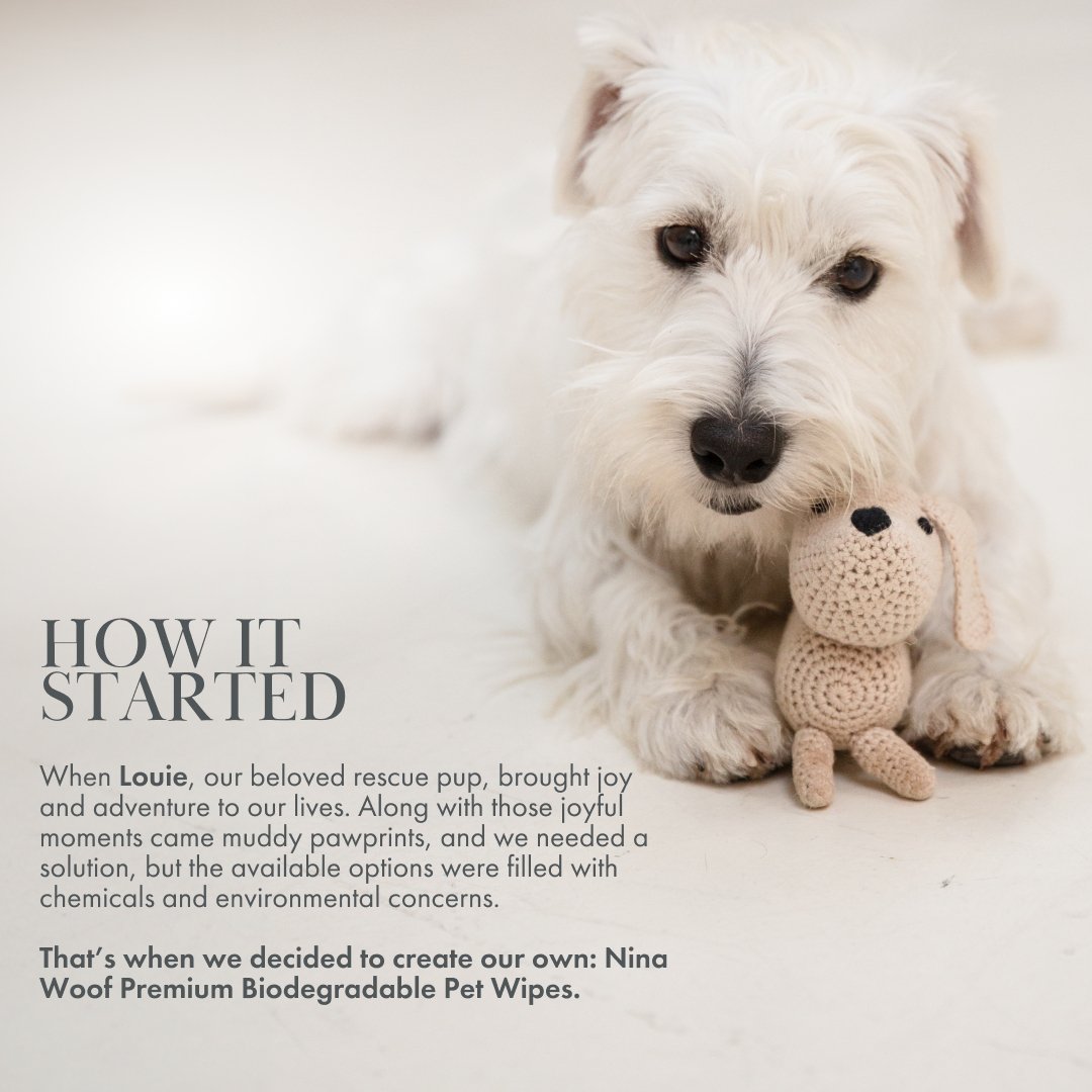 White dog holding a crochet toy with text about Nina Woof Premium Biodegradable Pet Wipes.