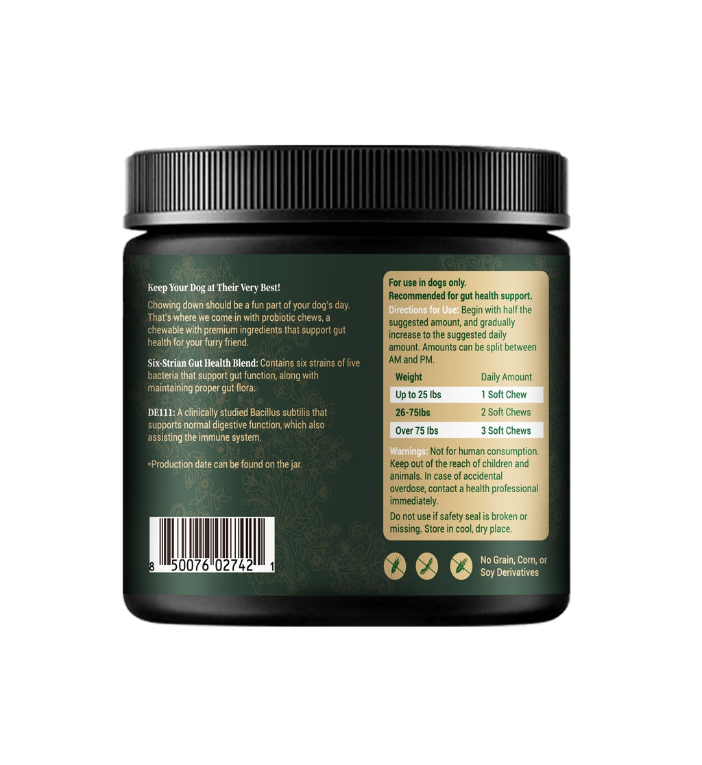 Back label of a pet supplement jar with text and a barcode on a white background