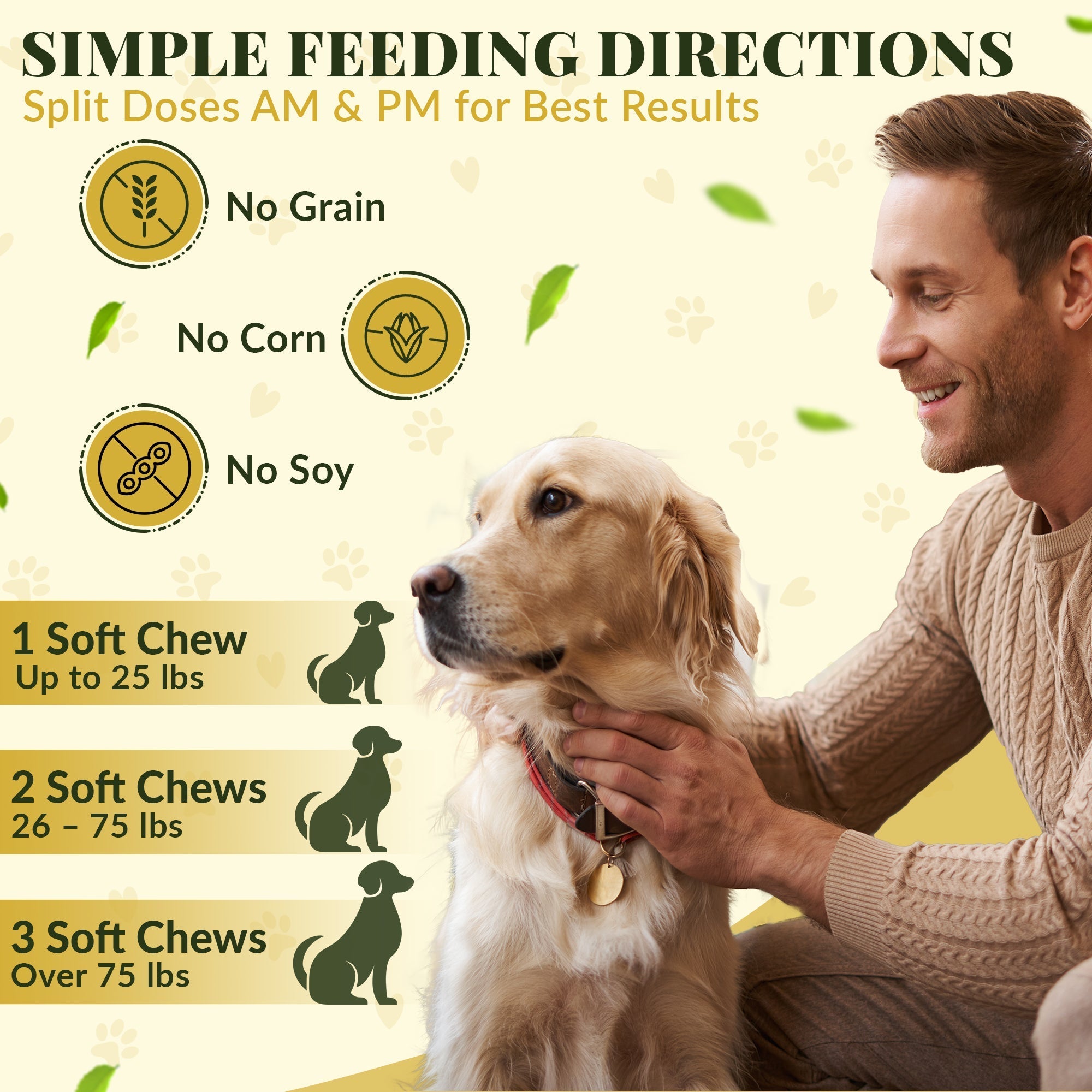 Dog owner with a dog, showing feeding directions for a pet product on a light background.