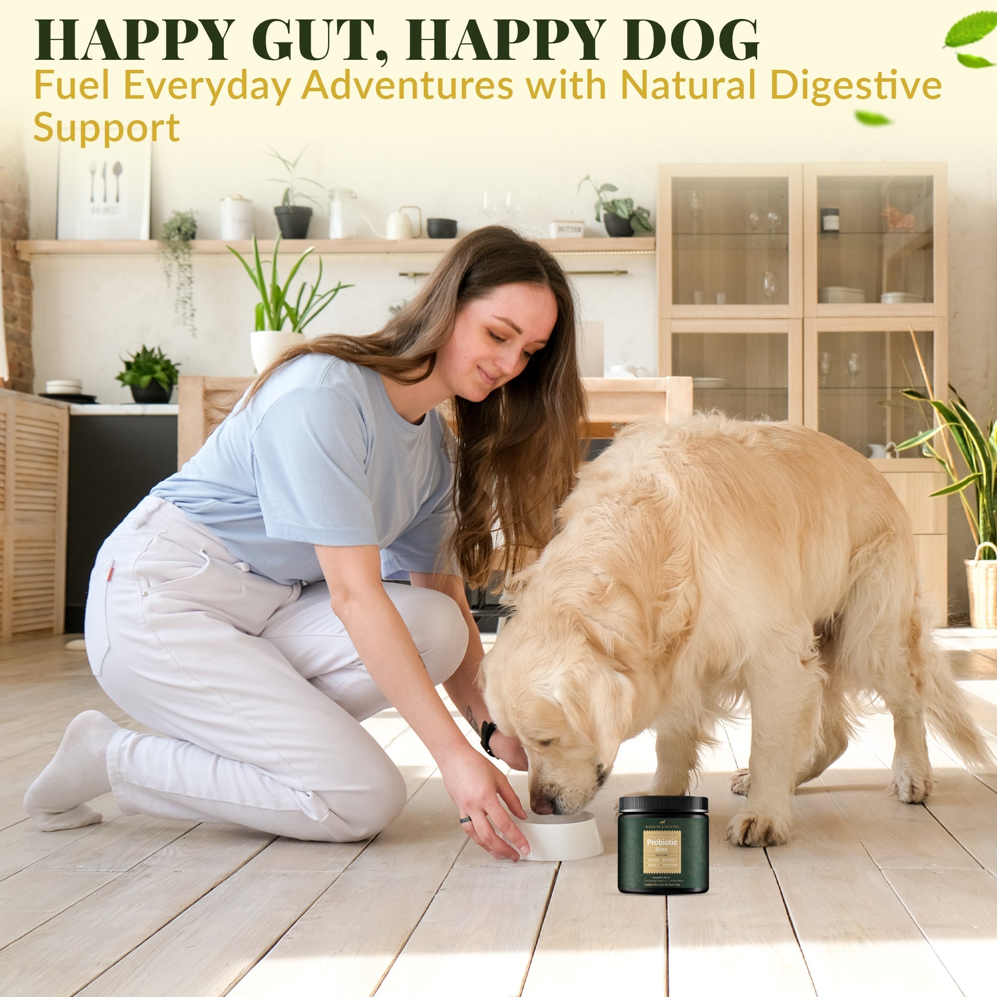 Woman feeding a dog from a bowl with a product container on a wooden floor.