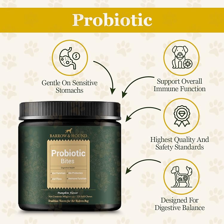 Barrow & Hound Probiotic Bites jar with features on a beige background