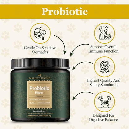 Barrow & Hound Probiotic Bites jar with features on a beige background
