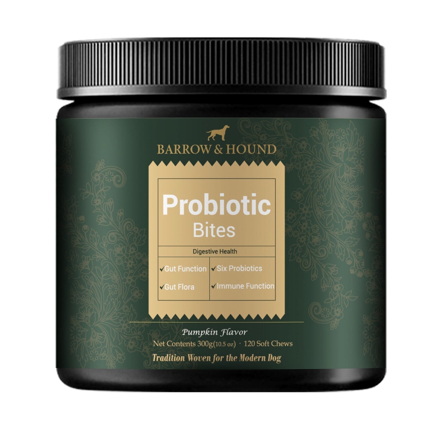 Container of Barrow & Hound Probiotic Bites for dogs on a white background