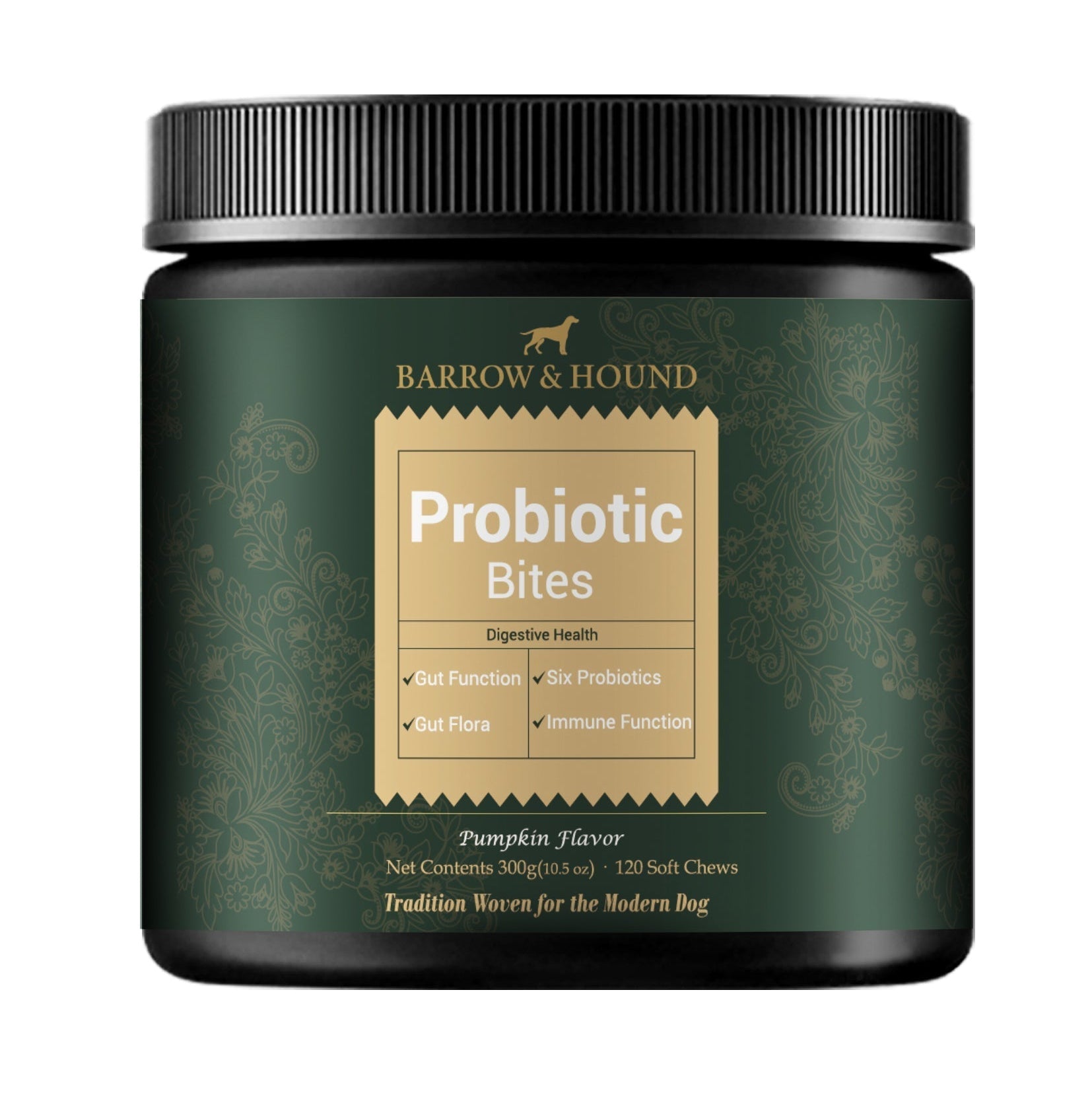 Container of Barrow & Hound Probiotic Bites for dogs on a white background