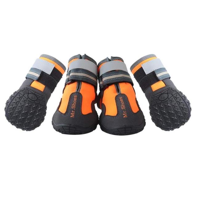 Set of four dog boots with orange and black design on a white background