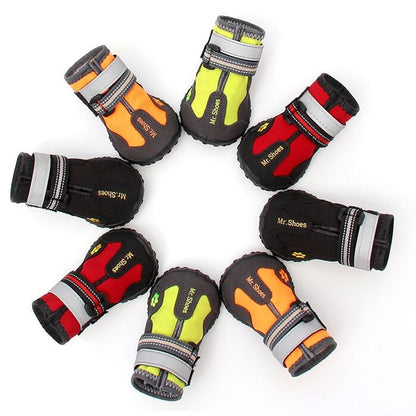 Set of colorful pet shoes with 'Mr. Shoes' branding on a white background