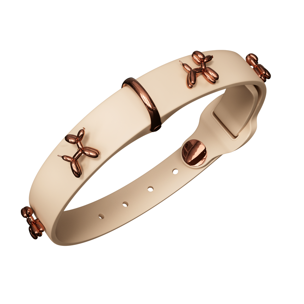 Beige leather bracelet with rose gold accents on a white background