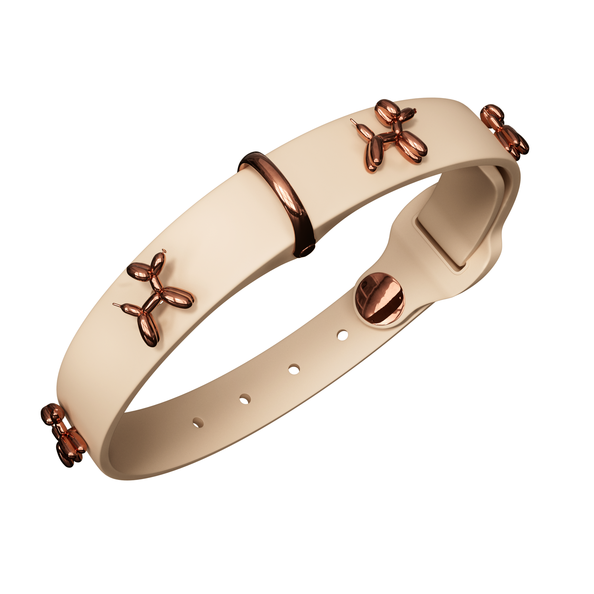 Beige leather bracelet with rose gold accents on a white background