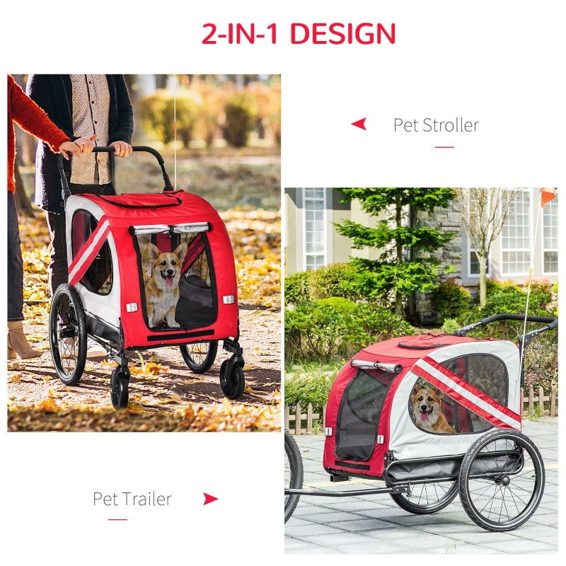 Red pet stroller with a dog, showing its use as both a stroller and trailer.