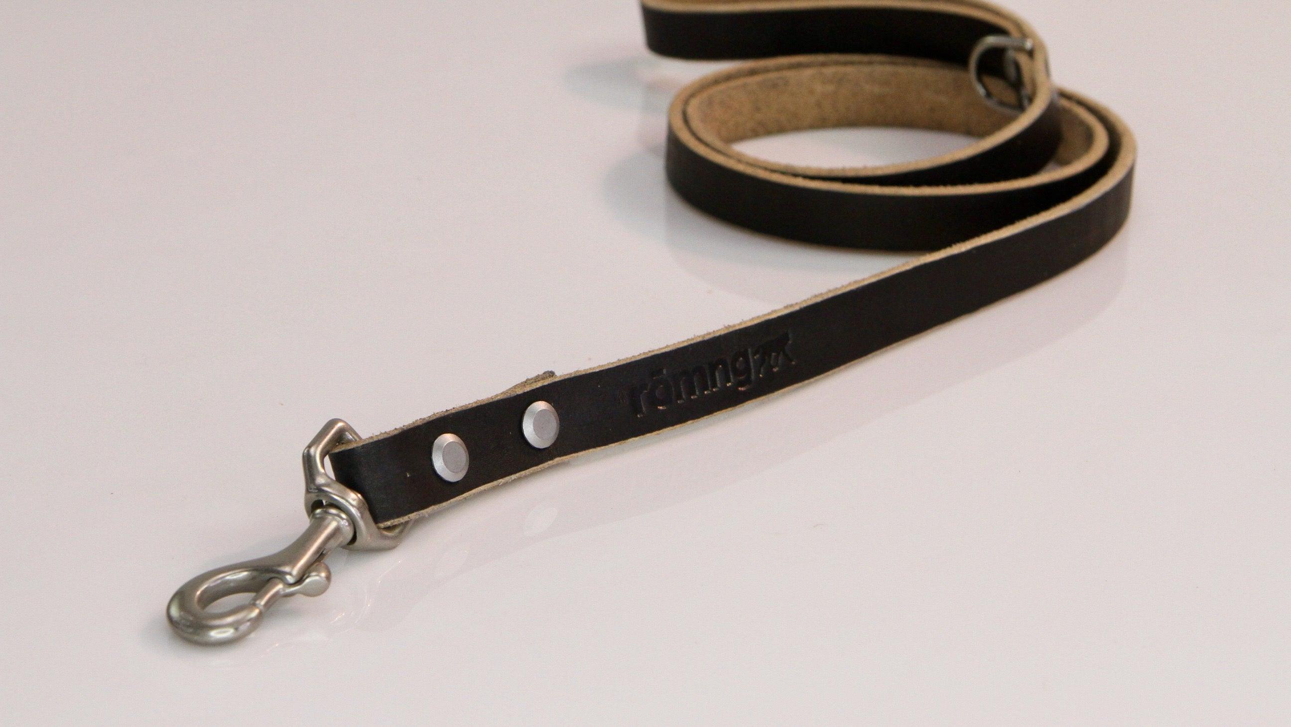 Black leather dog leash with metal clip on a light gray background