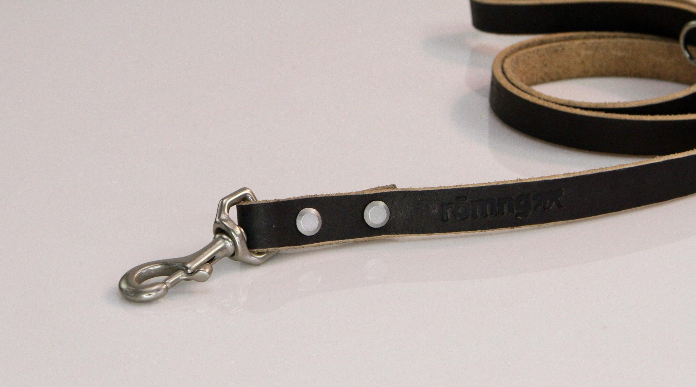 Black leather dog leash with metal clip on a light gray background