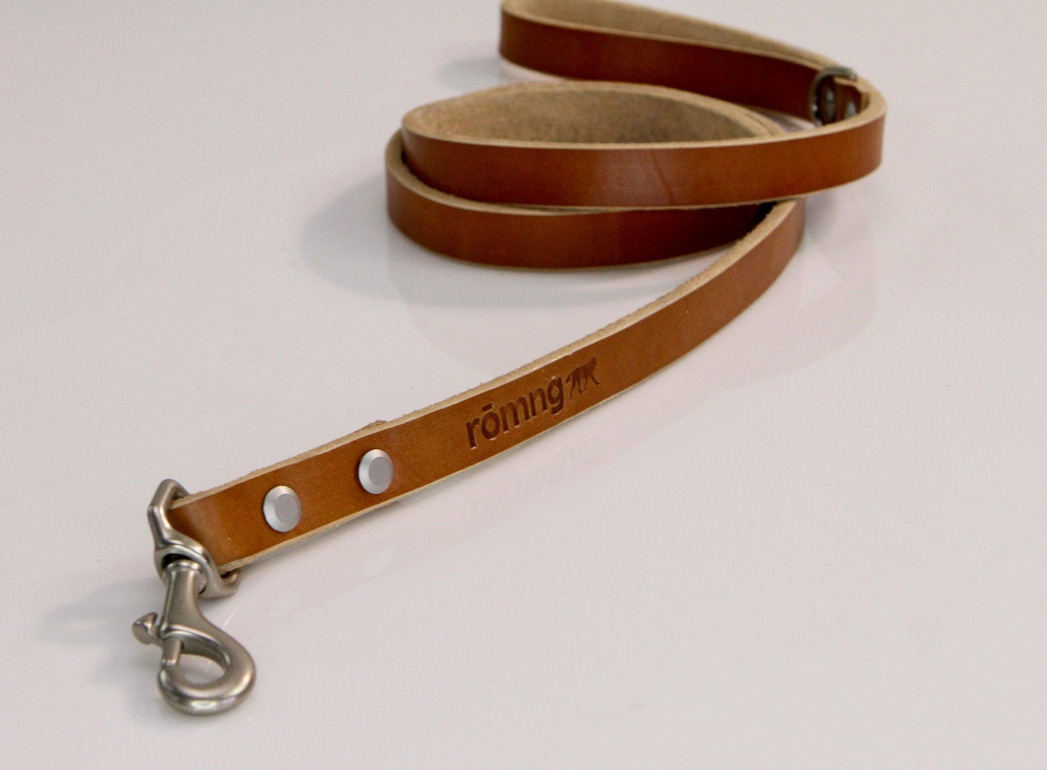 Brown leather dog leash with metal clasp on a light gray background