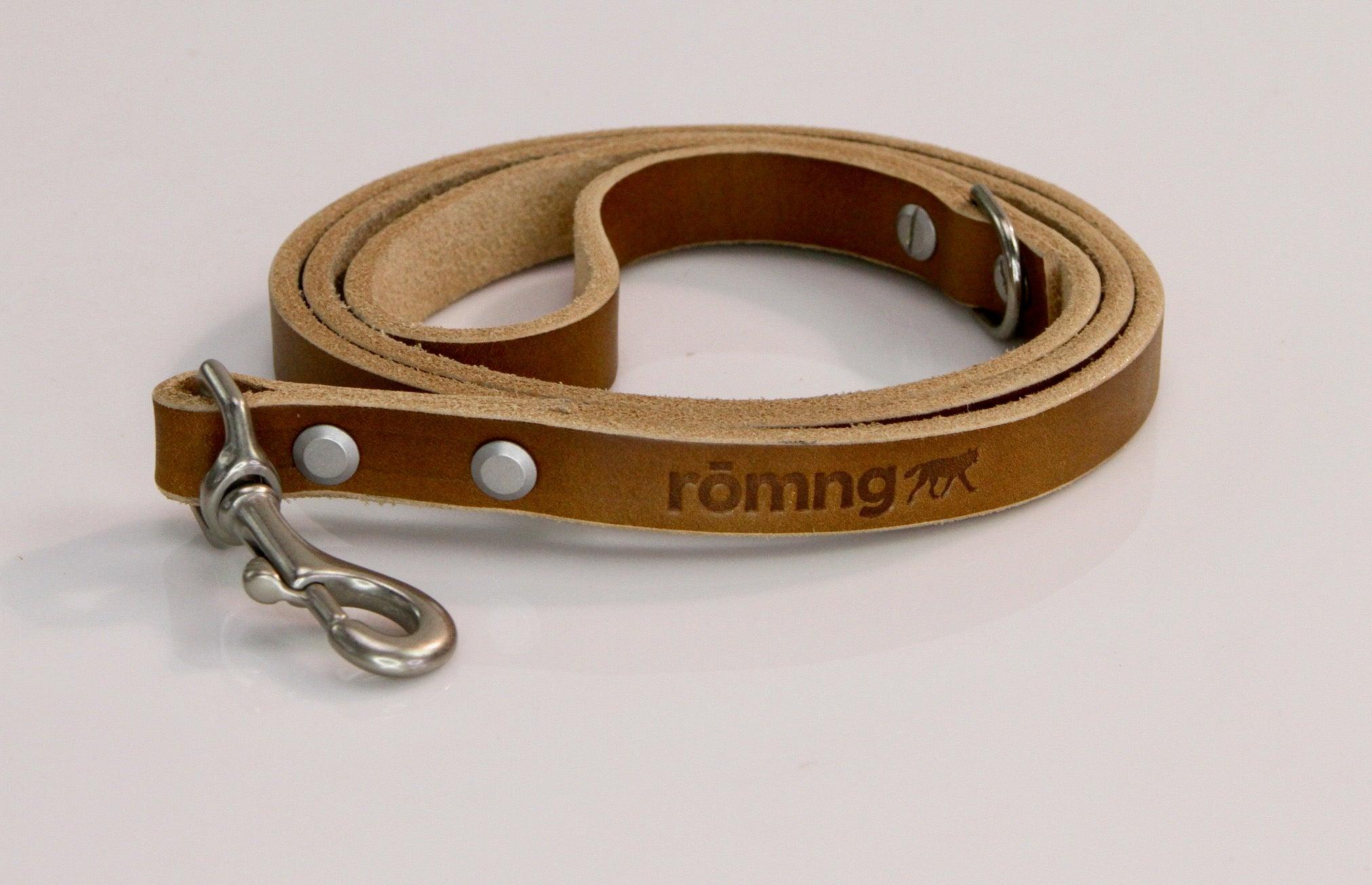 Brown leather dog leash with metal clips on a light gray background