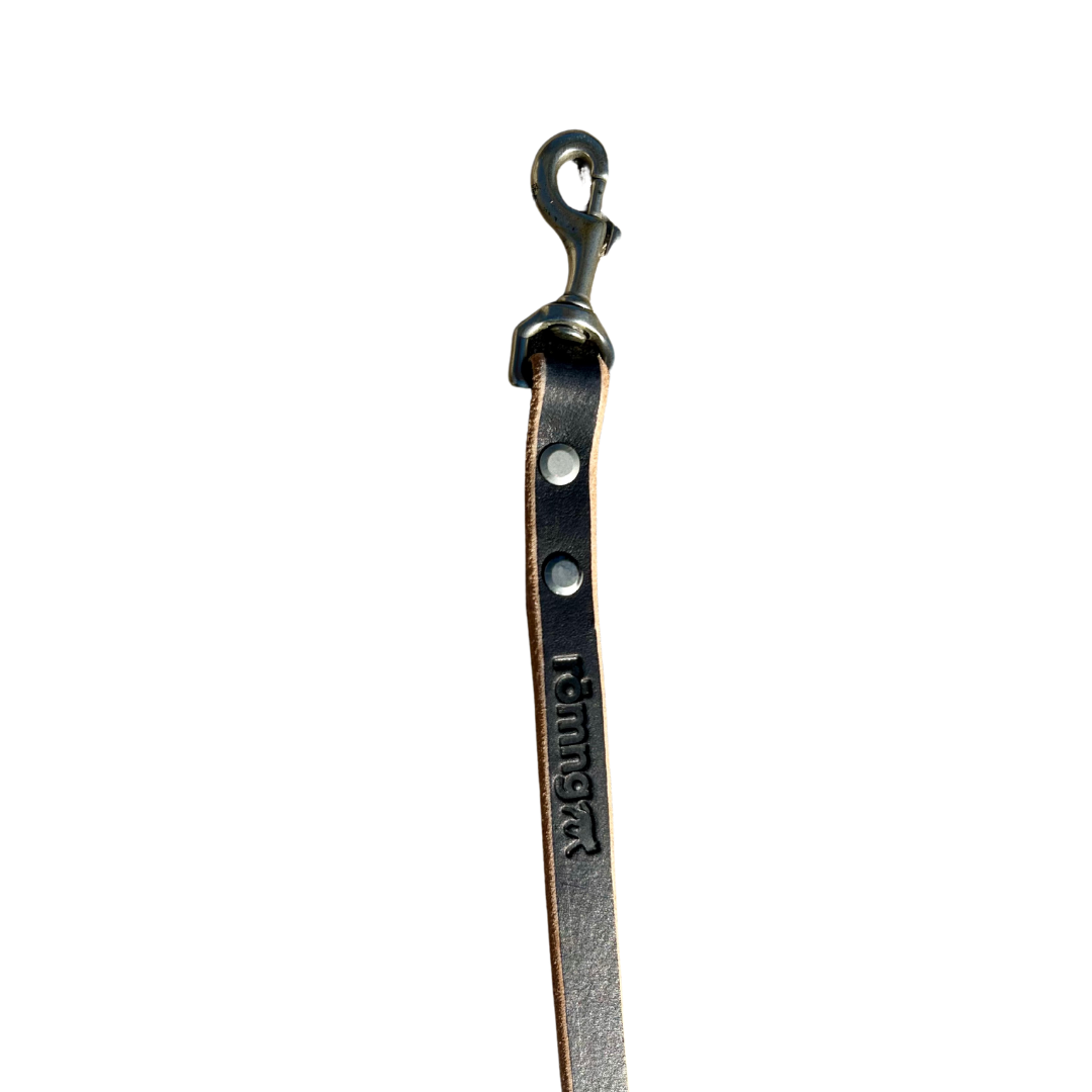 Leather strap with metal clip on a white background