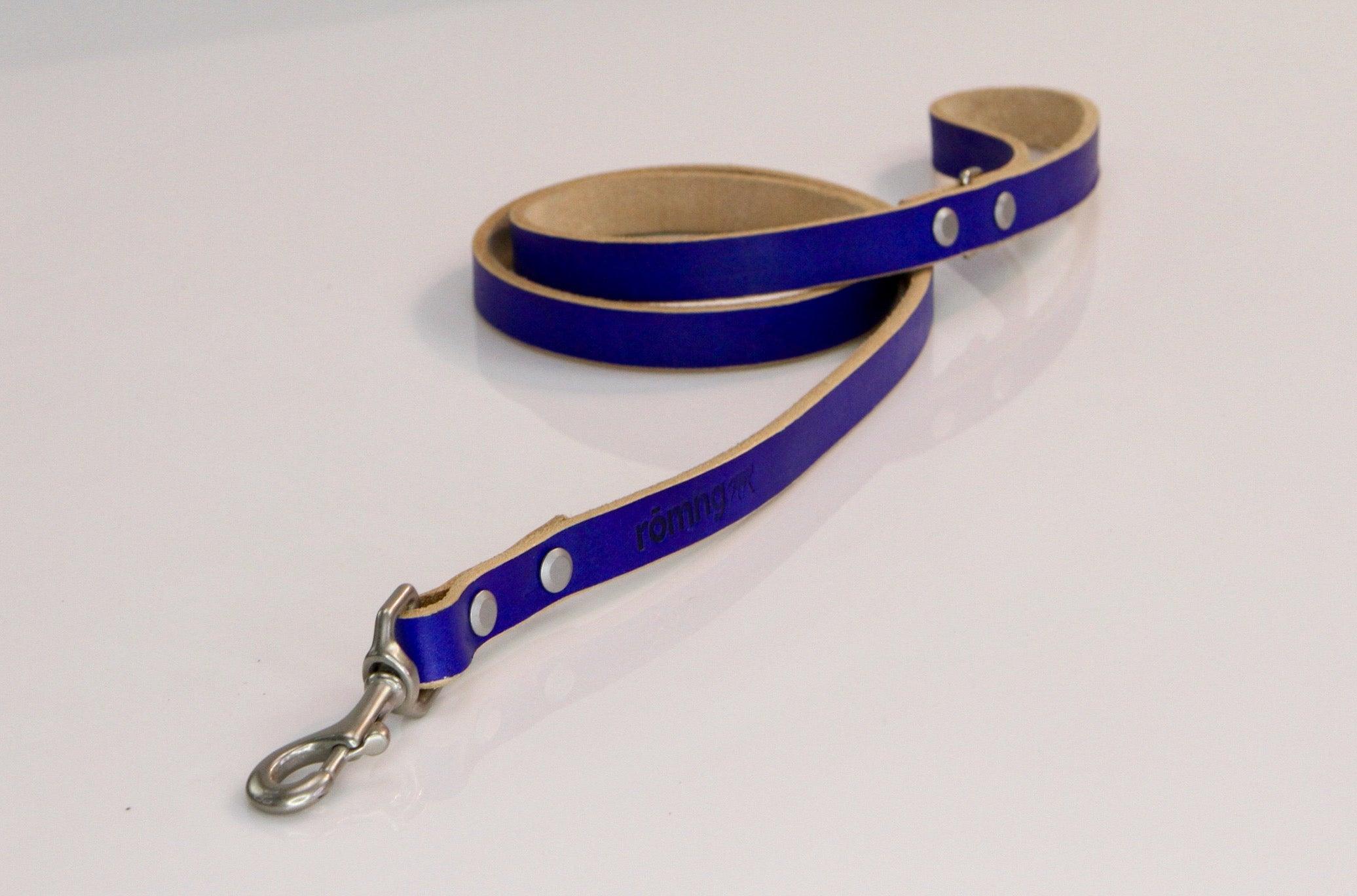 Blue leather dog leash with metal clip on a white background