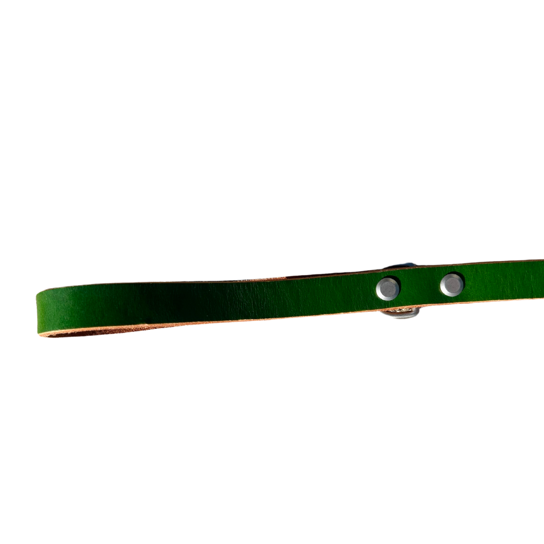 Green leather belt with silver buckles on a white background