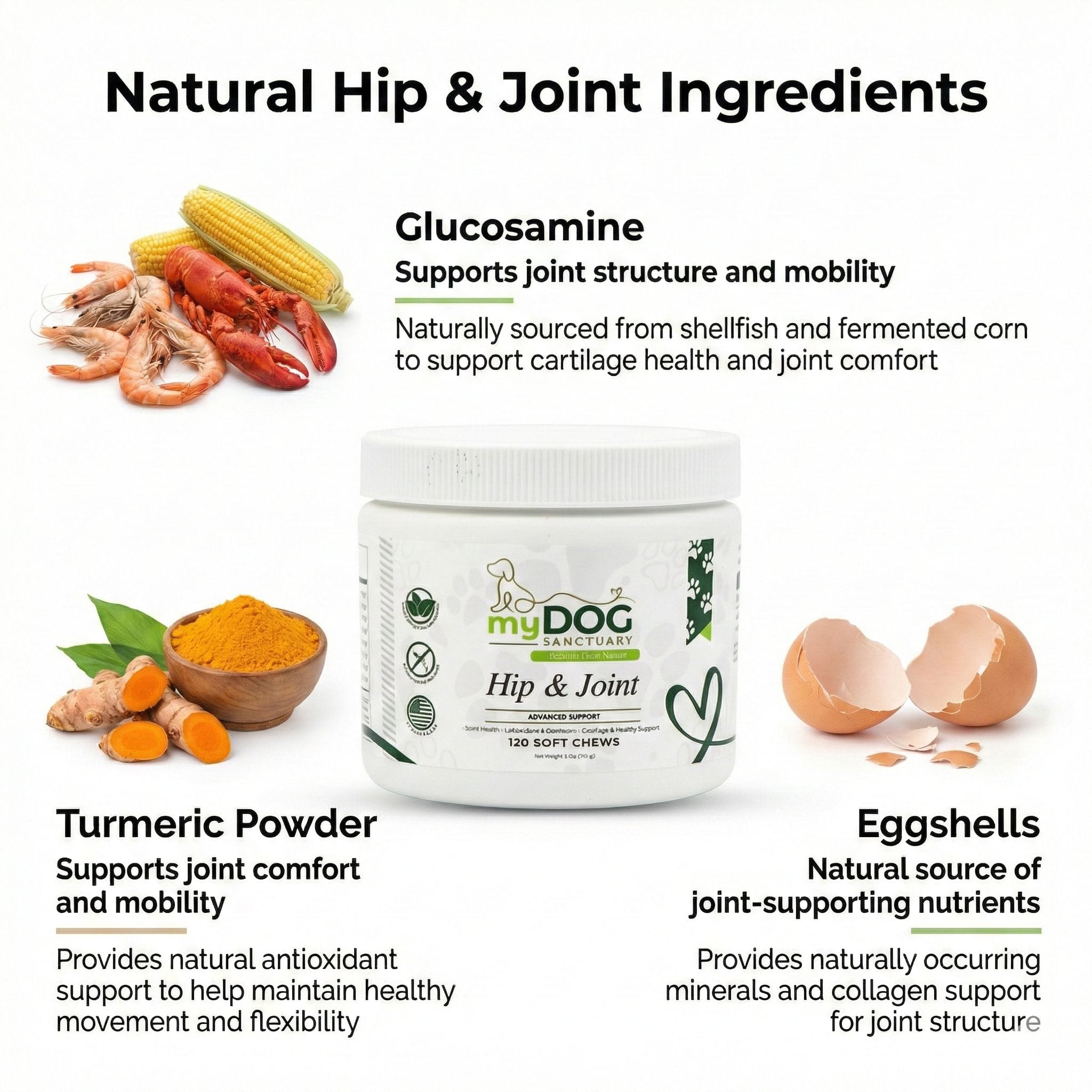 myDOG Hip & Joint supplement with natural ingredients and benefits listed on a white background
