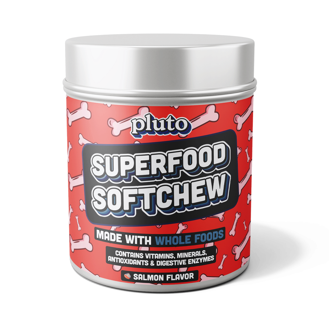 Pluto Superfood Softchew jar, whole food multivitamin for dogs