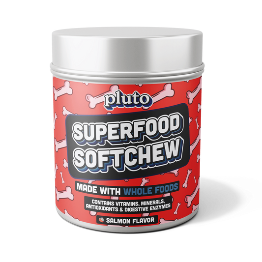 Pluto Superfood Softchew jar, whole food multivitamin for dogs