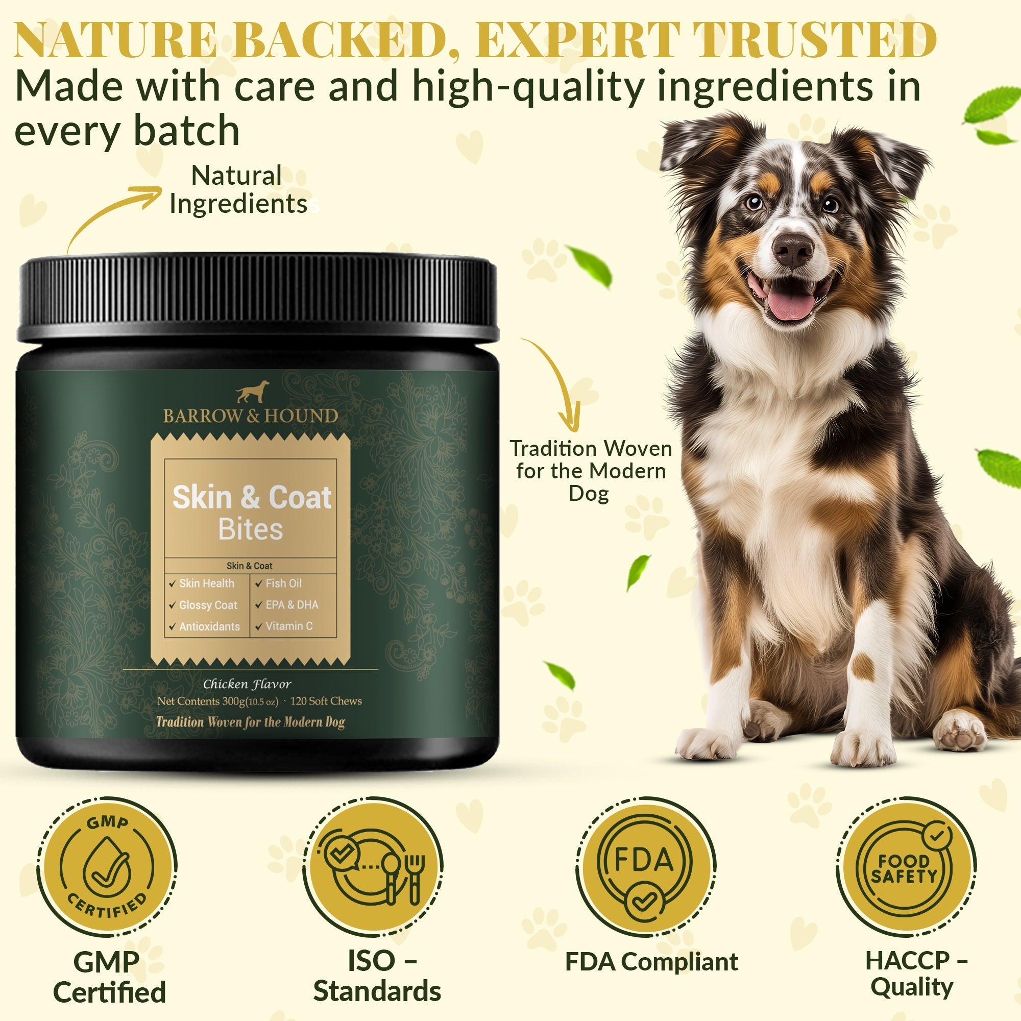 Dog supplement product with a dog and certification logos on a light background