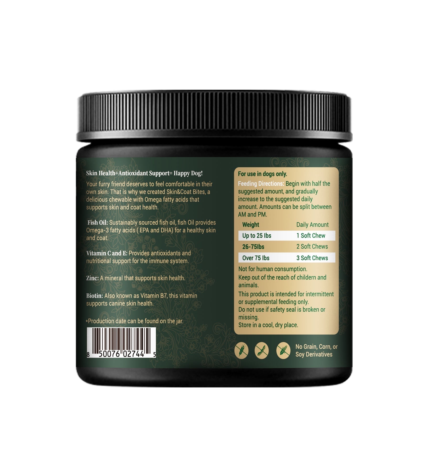 Back label of a supplement jar with text and icons on a white background