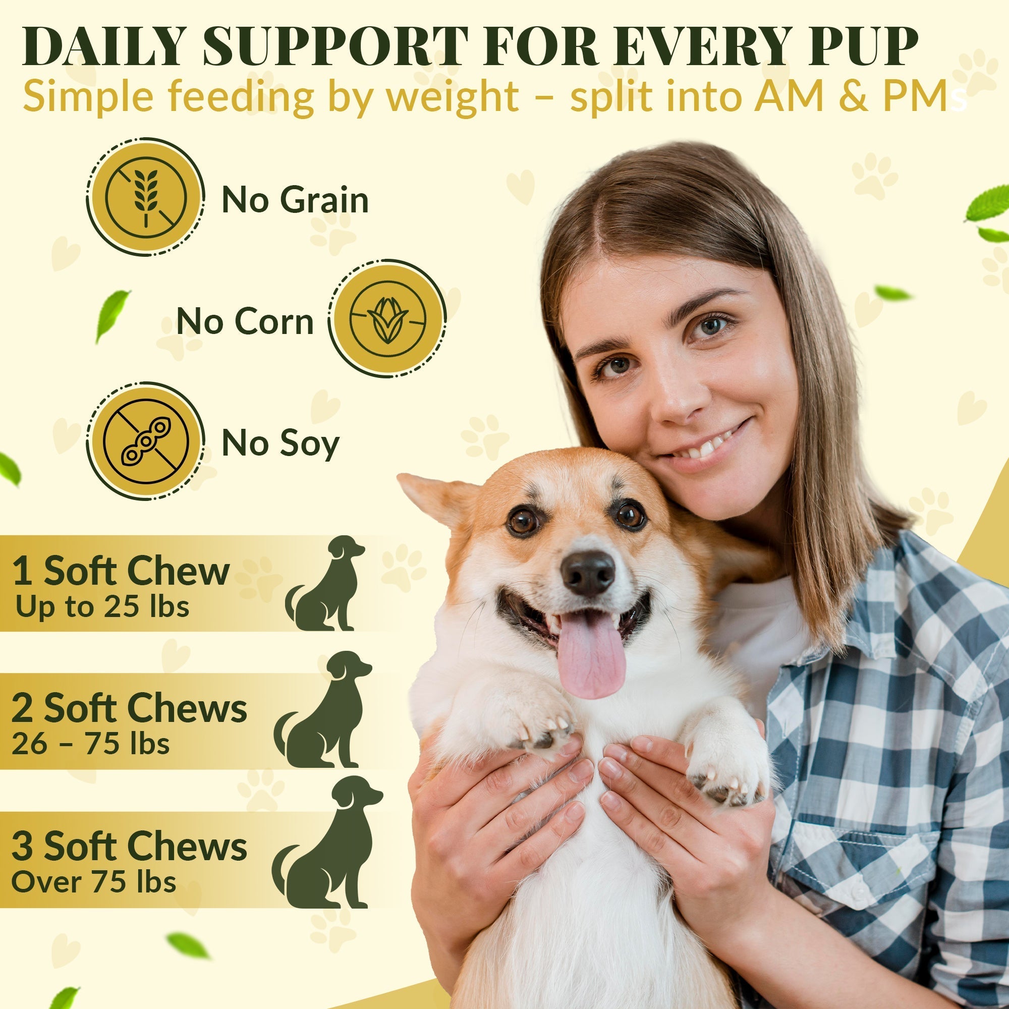 Woman holding a dog with pet food product information on a yellow background