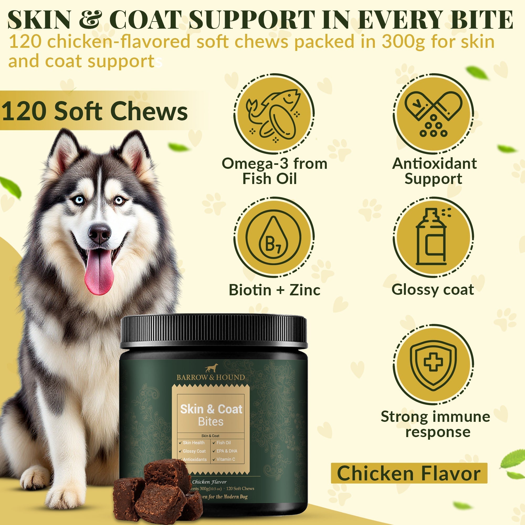Dog supplement product with a husky, showing benefits like omega-3, antioxidant support, and glossy coat.