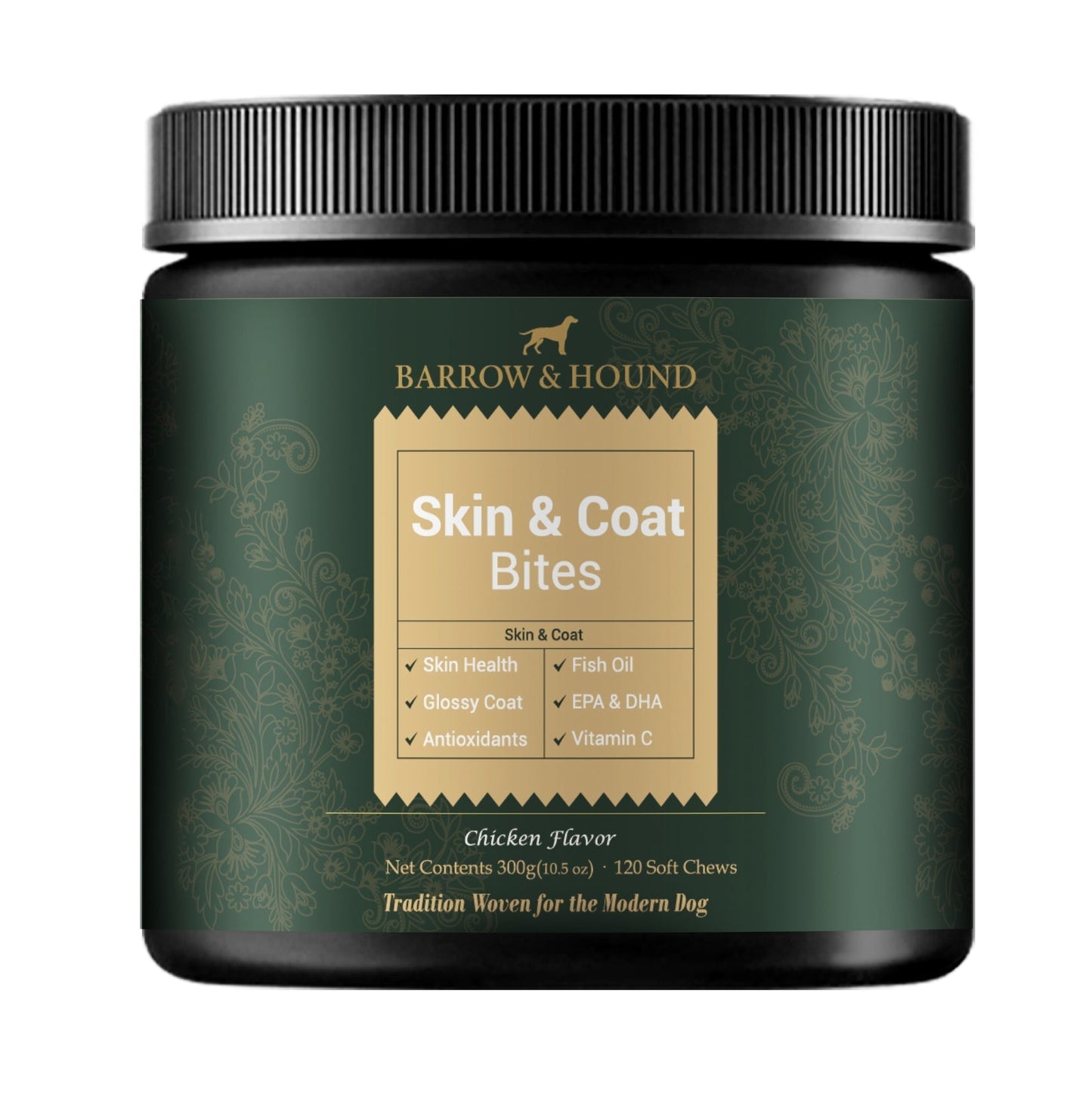 Container of Barrow & Hound Skin & Coat Bites for dogs on a white background