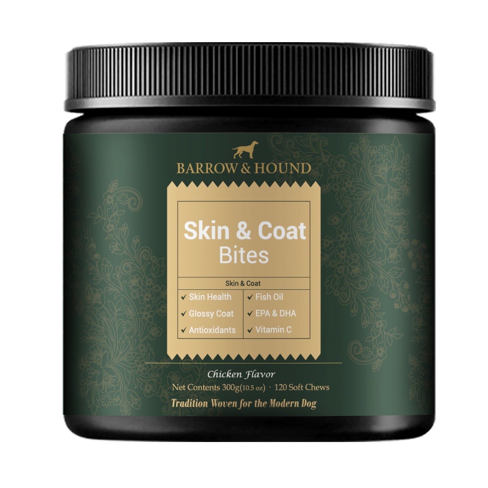 Container of Barrow & Hound Skin & Coat Bites for dogs on a white background