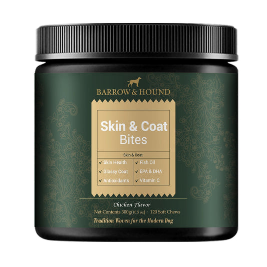 Container of Barrow & Hound Skin & Coat Bites for dogs on a white background