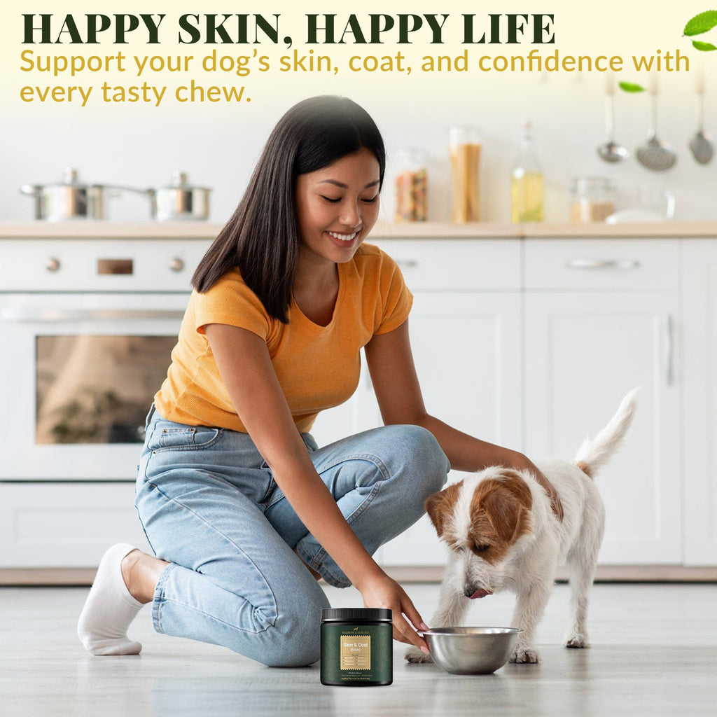 Woman in a kitchen with a dog and a product, promoting pet care.