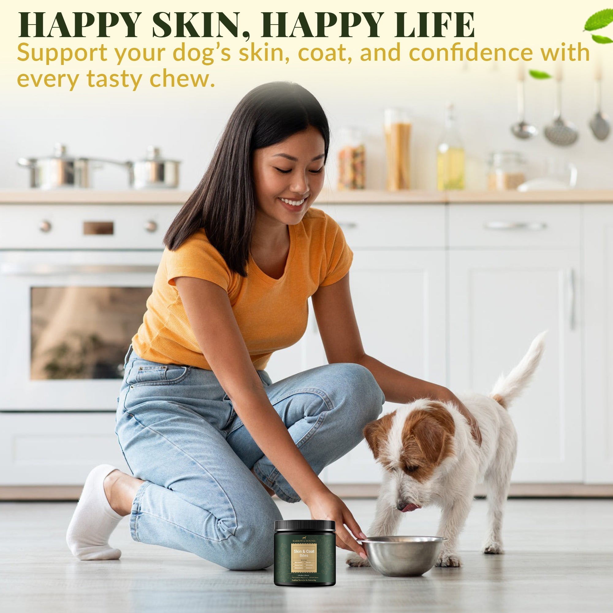 Woman in a kitchen with a dog and a product, promoting pet care.